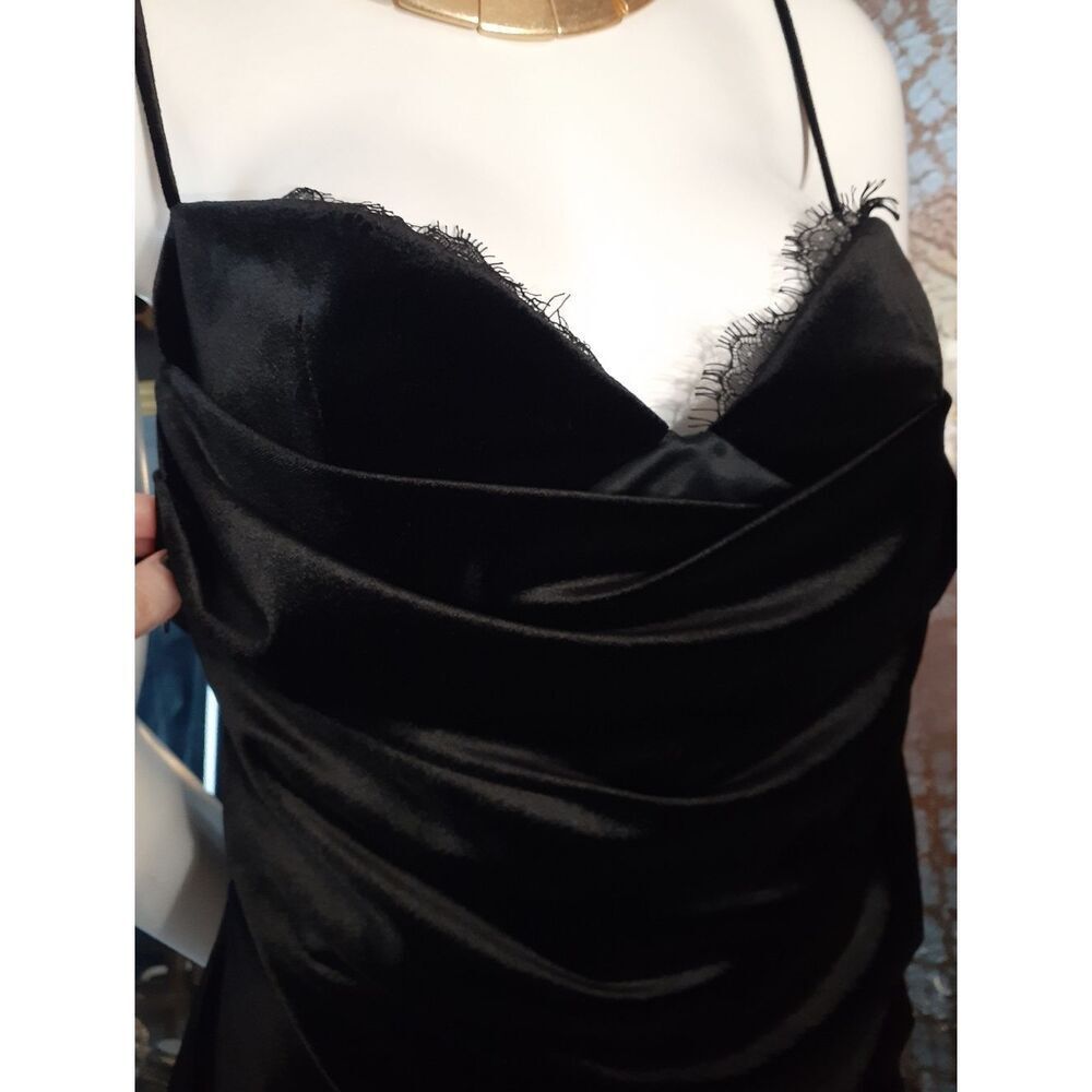 Zara Nwt Black Velvet Asymmetric Slip Dress with Lace Trim - Picture 13 of 16